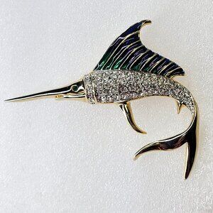Sword Brooch in Gold and Silver tone Enamelled Fish Brooch Pin